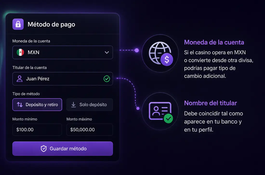Comprobación de método de pago, moneda y titular